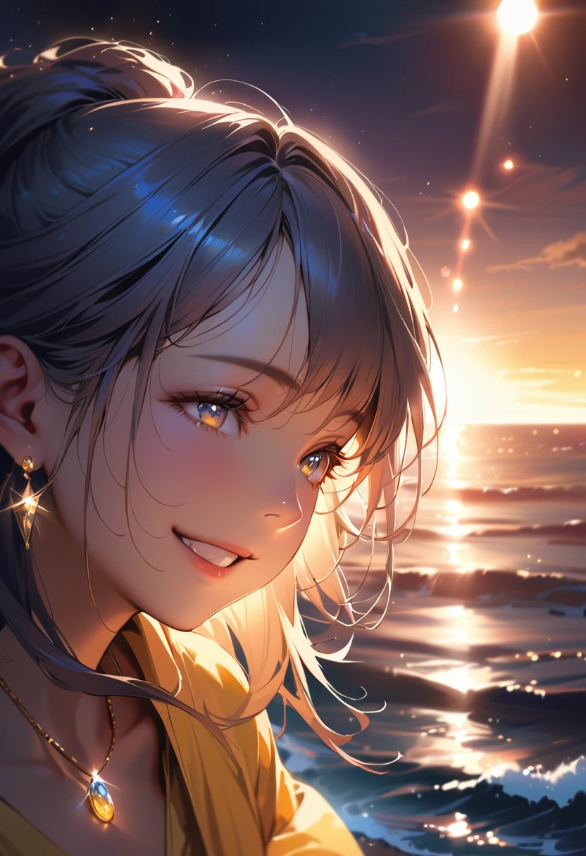 masterpiece, Highest quality, (((Walking by the sea in the evening)))、(((Open your eyes wide and smile)))、Raising awareness, Sax Blue, プラチナEarrings, Platinum Necklace, Yellow dress, One Girl, cute, (Dynamic Lighting:1.2), Cinema Lighting, Delicate facial features, Detailed eyes, Sharp pupils, Realistic student, Written boundary depth, ボケ Written boundary depth, Sharp focus, (Very detailed, bloom, Shine:1.4), Lots of little gems, (((long_hair))),　Twin tails、Earrings、分けた前hair、銀hair、whole body、Ultra close-up footage、The top is transparent up to the chest.、See-through design。The bottoms are a very short navy blue pleated skirt.、Fits snugly around the waist。The background is simple white.、this、The text is easier to see.。The light source is a soft light from the front....、The overall atmosphere is bright and clean....。