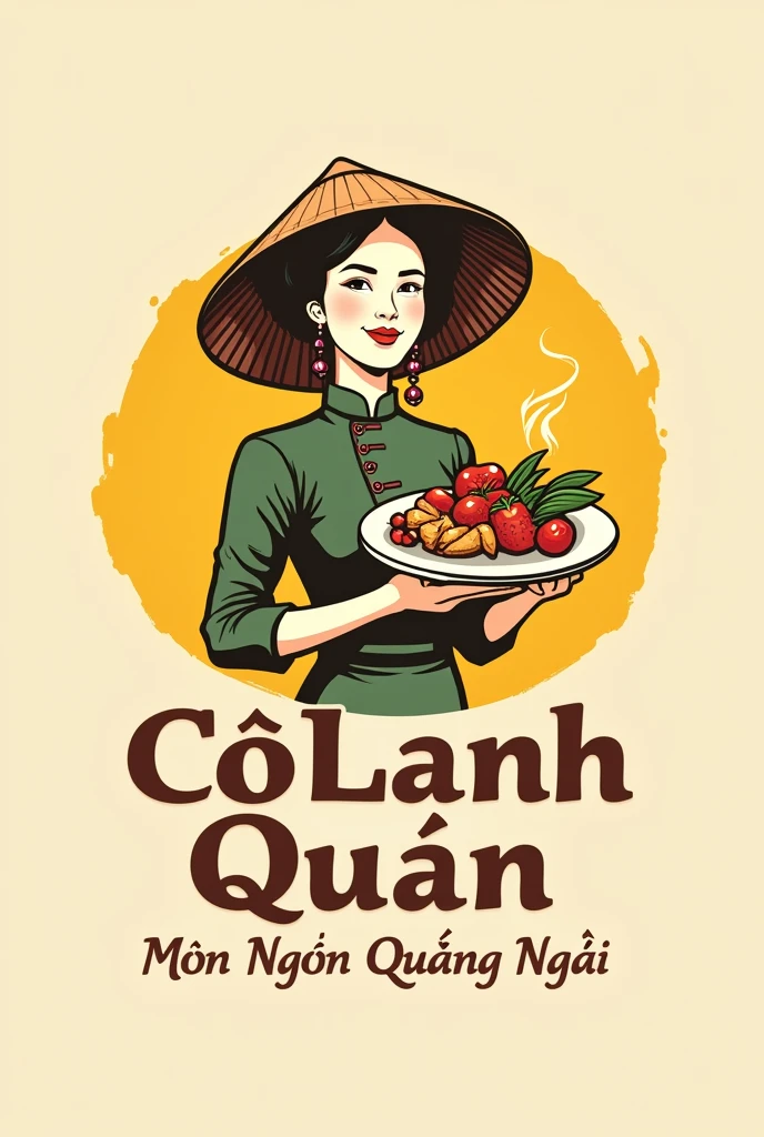 This is a vintage-style logo for a food service called“Co Lanh Quan". The logo has a woman wearing áo bà ba and Việt Nam conical hat, she holds a disk of Việt Nam foods. The slogan will be "Mon Ngon Quang Ngai" The color is mostly yellow, and the text is bold