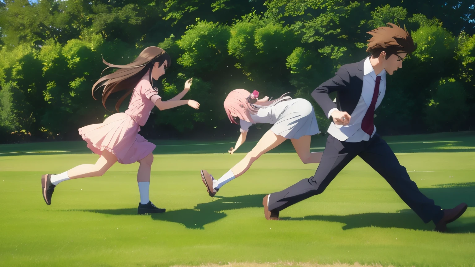 Anime girl chasing after a man, 2 people , side, lawn background, Focus on both