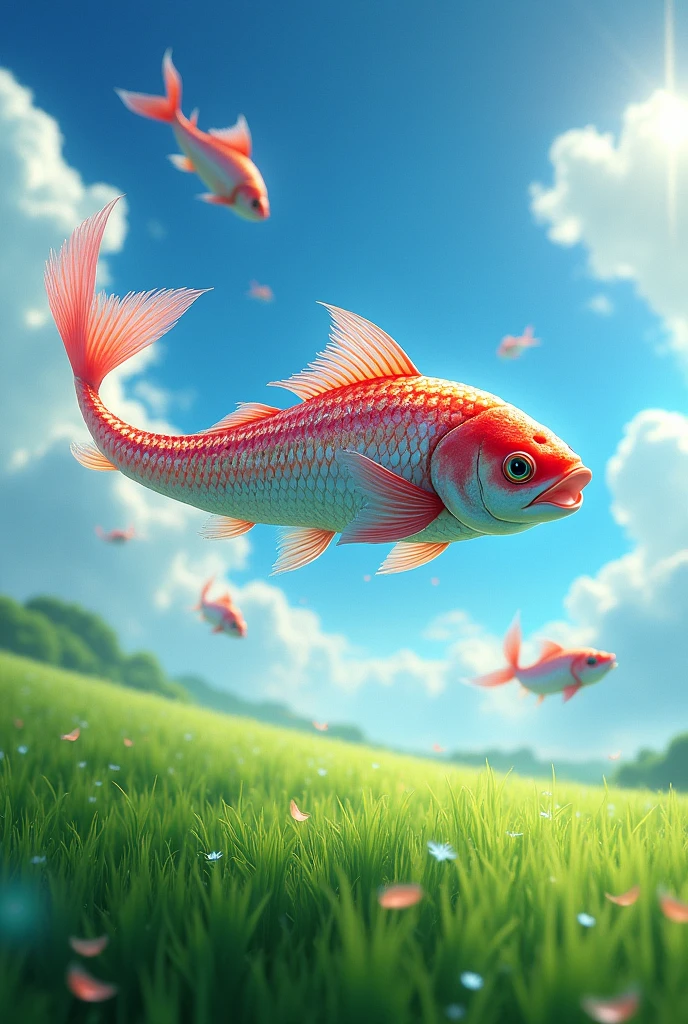 Very shiny art of fish in the sky, green field, ultra HD, highlights colors, accurate 