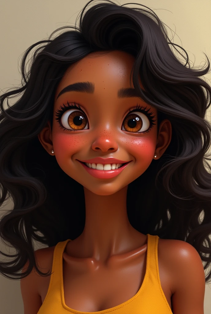 animated character female with black skin hazel eyes and long curly hair with freckles and long eyelashes