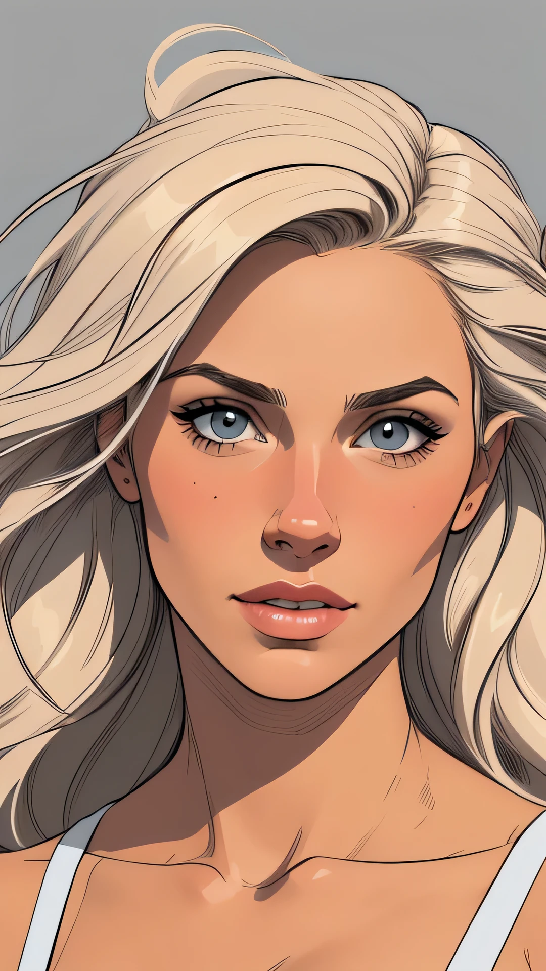 Flat colors, close up, portrait of a 25 year old surfer looking girl, tan skin, beach blonde salty hair, natural beaty, masterpiece, highly detailed,
digital illustration style, design de personagens altamente detalhado, arte digital detalhada fofa, City fan art, ((([grey background])))