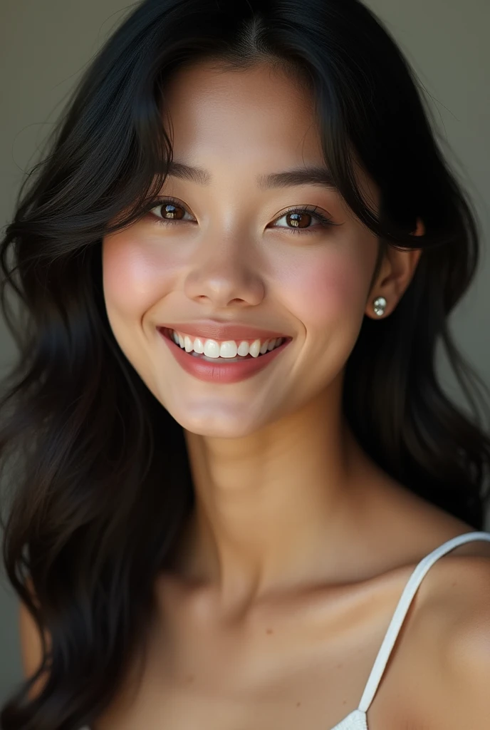 A 24 year old woman, mixed race, KOREAN/brazilian. she has 1,74 cm, has very black hair, and the eye of an amber color. The lines are super fine and feminine. you have a beautiful smile, and a wonderful body. She is a kpop idol and actress.