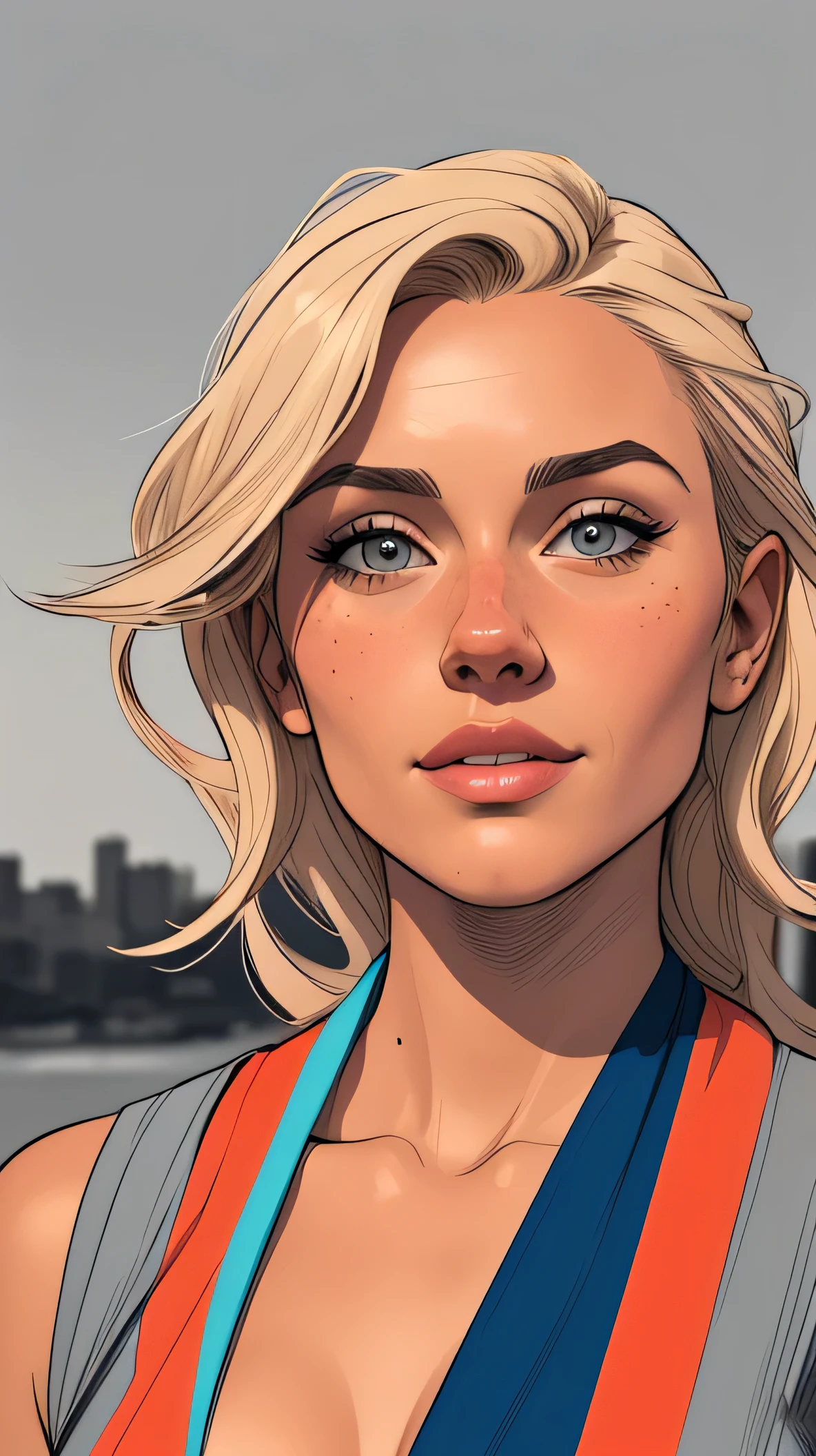 Flat colors, close up, portrait of a 25 year old surfer looking girl, tan skin, beach blonde salty hair, natural beaty, masterpiece, highly detailed,
digital illustration style, design de personagens altamente detalhado, arte digital detalhada fofa, City fan art, ((([grey background])))