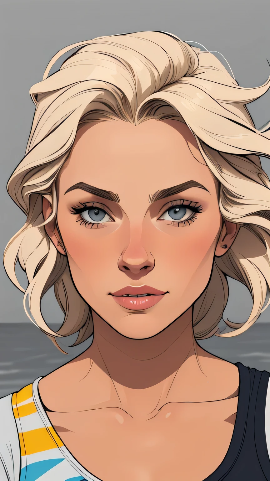 Flat colors, close up, portrait of a 25 year old surfer looking girl, tan skin, beach blonde salty hair, natural beaty, masterpiece, highly detailed,
digital illustration style, design de personagens altamente detalhado, arte digital detalhada fofa, City fan art, ((([grey background])))