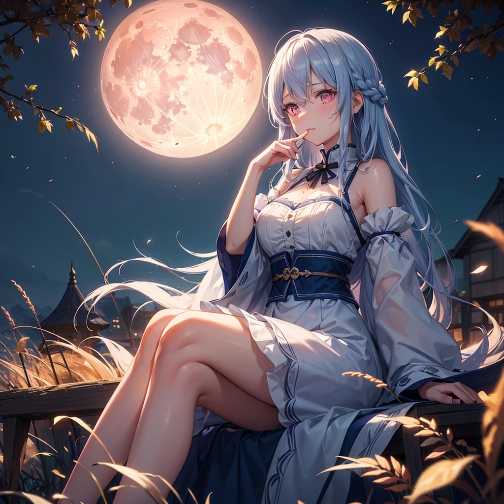 (Sky blue braided medium length hair), (Pink eyes),(Fair skin) ,(whole body),(One Girl),(harvest moon),(A large amount of Miscanthus sinensis in the background),autumn,(full moon),(masterpiece, Highest quality, Very detailed, Best Shadow), (Detailed Background), (Beautifully detailed face), High Contrast, (Best lighting, Very delicate and beautiful), ((Cinematic Light)), Hyper Detail,8k, Dramatic Light, Intricate details,(sitting down to eat rice dumplings)