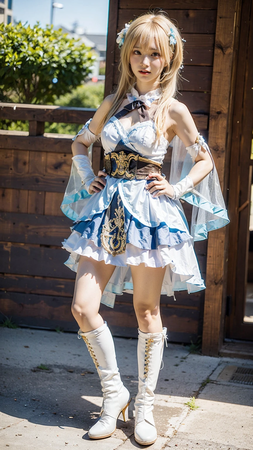 (8k、RAW Photos、Highest quality、masterpiece:1.2)、(Realistic、Realistic)、1 girl、((Blonde、See-through、White and light blue、Frills、Cape、mini skirt、Thin legs、whole body、boots、View from the front、Looking into the camera、Stand with hands on hips))、cute