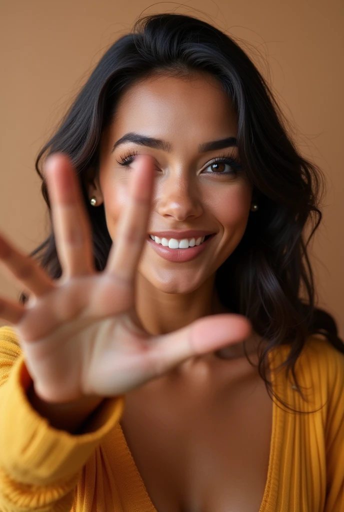 Beautiful Latina girl not too tanned taking a selfie where you can't see the phone making a V with her fingers all by herself