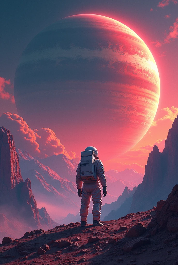 Lonely cyborg astronaut in Jupiter, epic scene, by Victo Ngai, Kilian Eng vibrant colours, dynamic lighting, digital art, winning award masterpiece, fantastically beautiful, illustration, aesthetically inspired by Beksinski and Dan Mumford, trending on ArtStation, art by Greg Rutkowski, 8k
