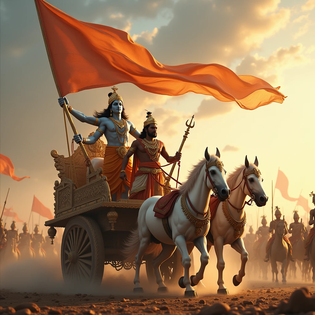 Create a vivid scene of Lord Krishna and Arjuna in their grand chariot, which is drawn by white horses. Highlight Krishna prominently, showing him blowing his divine conch shell with a powerful and serene expression. The chariot should be elaborately designed, featuring a prominent saffron flag fluttering above it, symbolizing its significance. Arjuna should be depicted alongside Krishna, also blowing his conch shell. Capture the grandeur of the chariot and Krishna’s central role, with the background reflecting the battlefield’s energy and anticipation.