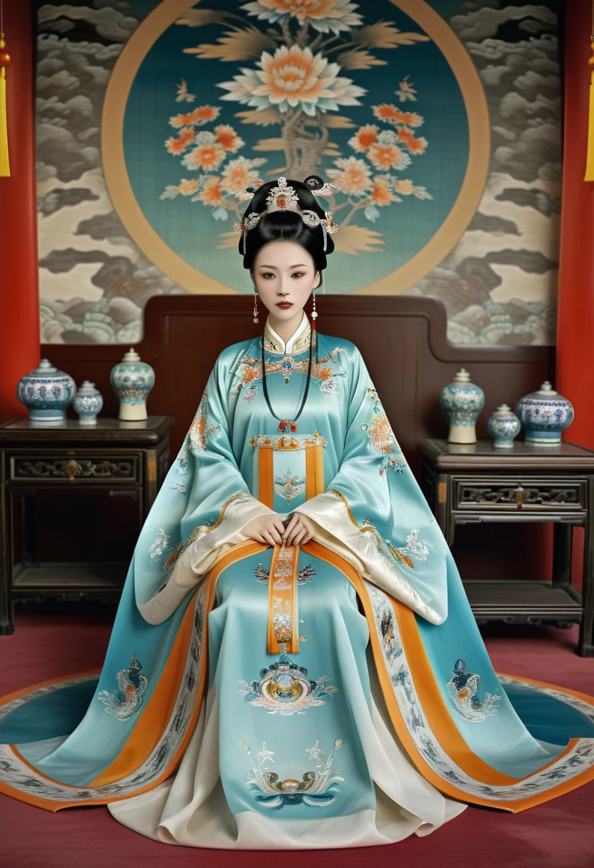 Gorgeous Empress of the Chinese court during the Qing Dynasty Gorgeous Empress of the Chinese court during the Qing Dynasty Spreading one's legs open wide with knees bent,creating the shape of the letter M (pornographic pose) with hair tied on both sides Gorgeous Empress of the Chinese court wearing a crown. The background of this kinky, erotic woman wearing a crown and her hair tied up on both sides is set in the luxurious room of an empress in the Chinese court during the Qing Dynasty.