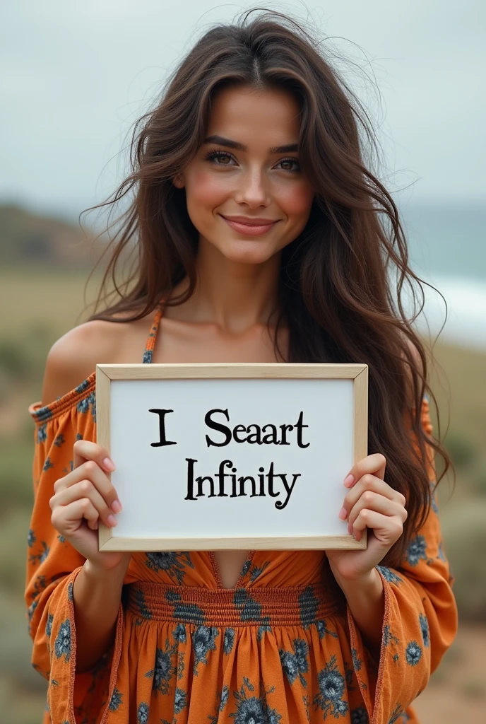 Beautiful girl with wavy long hair, bohemian dress, holding a white board with text "I Love Seaart Infinity" and showing it to the viewer