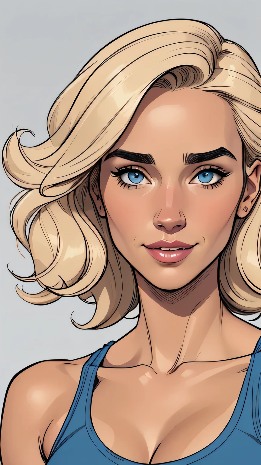 
Flat colors,close-up, portrait,  of a 25 year old surfer looking girl, tan skin, ([blue eyes]) Beach blonde salty hair, natural beaty, beautiful, casual, blue tank top, masterpiece, (([Simple grey background]))
 de desenho animado:1.2), Jennifer Connelly  sorrindo mostrando os dentes Imagem de desenho animado de uma mulher , roupas sensuais , garota super fofa, authoritarian would be facial expressioncartoon style illustration, estilo de arte dos desenhos animados, estilo de arte dos desenhos animados, digital illustration style, design de personagens altamente detalhado, arte digital detalhada fofa, City fan art, design de personagem retrato, beautiful digital illustration, retrato de alta qualidade, arte em quadrinhos, retrato do design do personagem, white background Buso without clothes and medium breasts, beautiful and symmetrical body curves