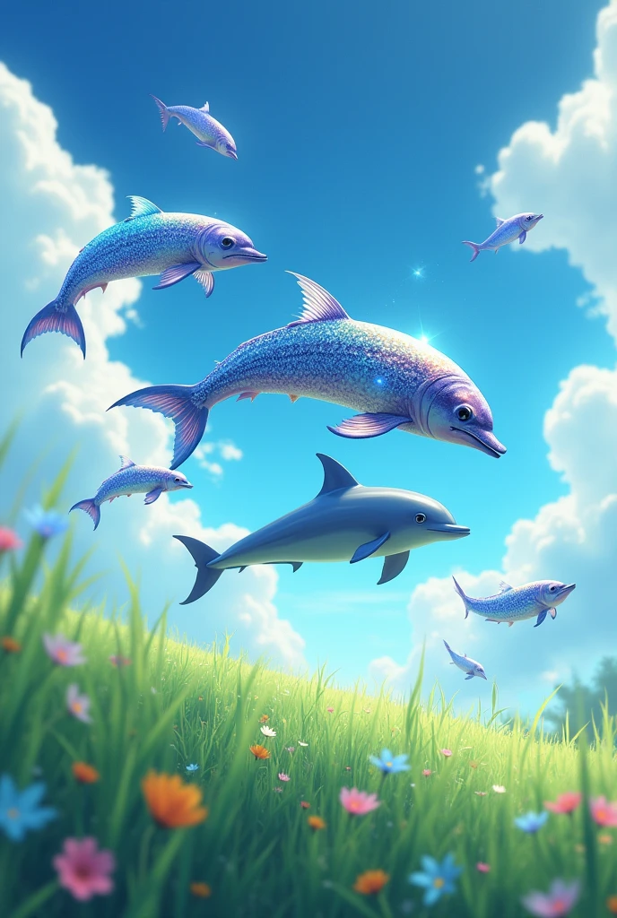Very shiny art of fish in the sky, green field, ultra HD, highlights colors, accurate, anime style, long exposure, dolphin on sky