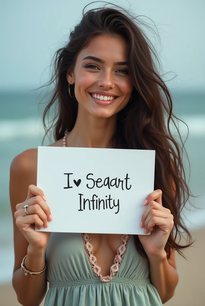 Beautiful girl with wavy long hair, bohemian dress, holding a white board with text "I Love Seaart Infinity" and showing it to the viewer