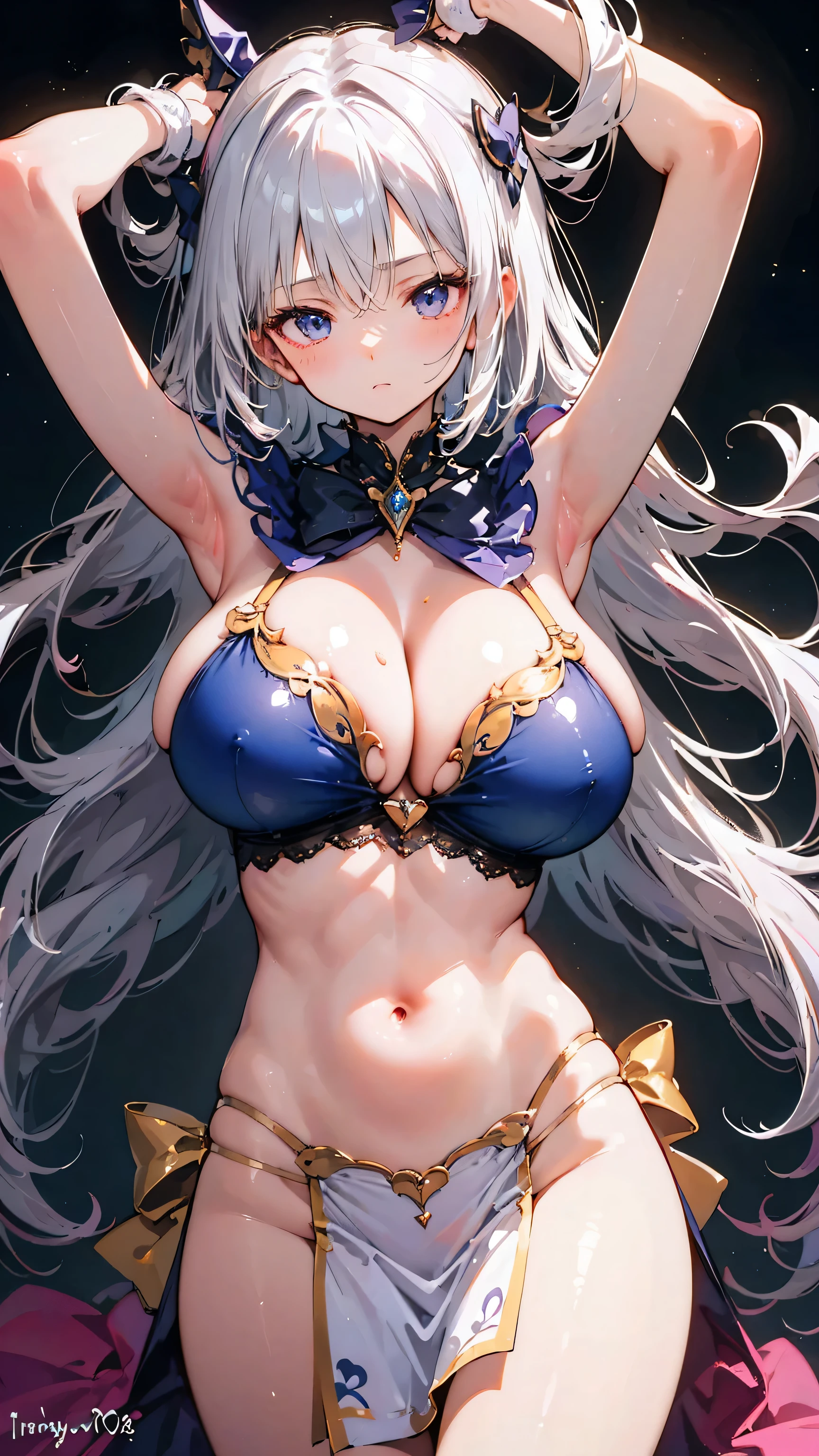 Ultra-high resolution, 8k,high quality,((((Magical girl,Put your arms down)))),(Young Girl、glowing、iridescent light,soft shadow,Anime Painting,thin line drawing),One  Woman,(((Huge breasts,Shapely round breasts))),