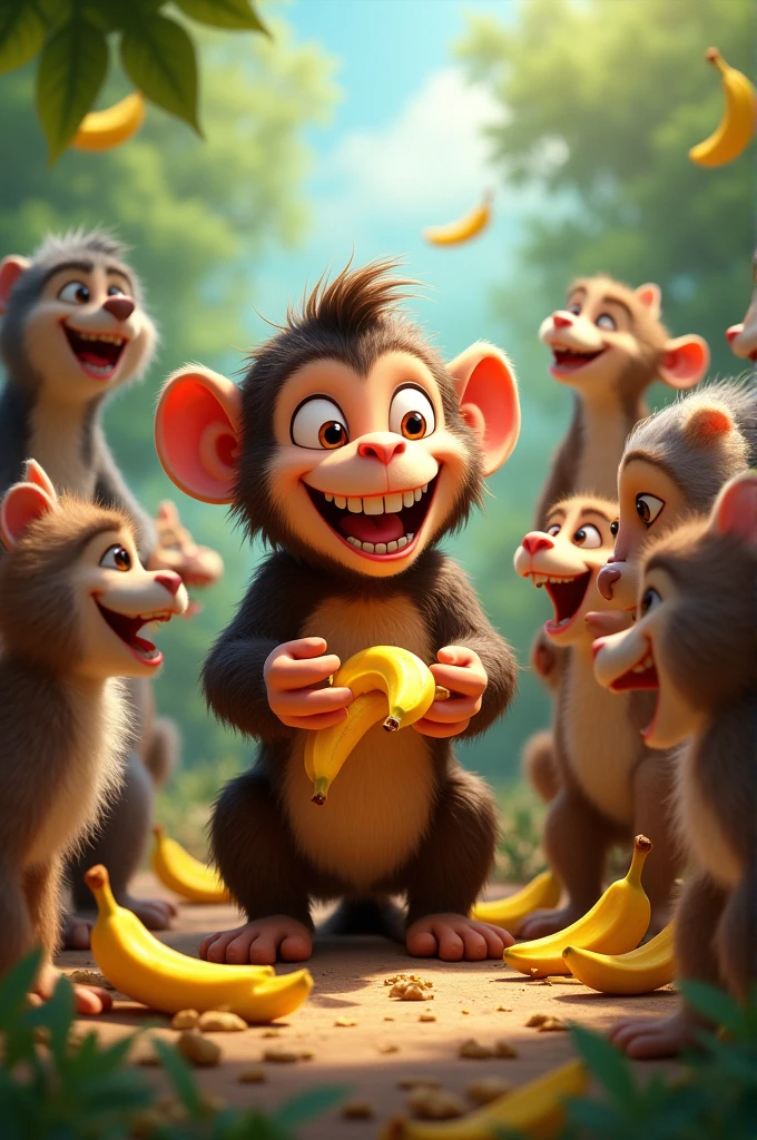 A group of animals laughing together, with Max the monkey in the center, playfully handing out bananas after his muddy mishap."