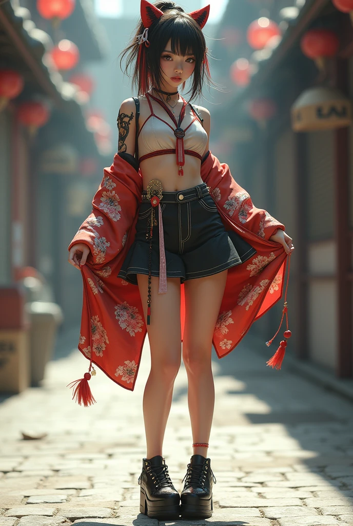 Wearing JK's Nasitan。;Spread your legs。Lift up your skirt。