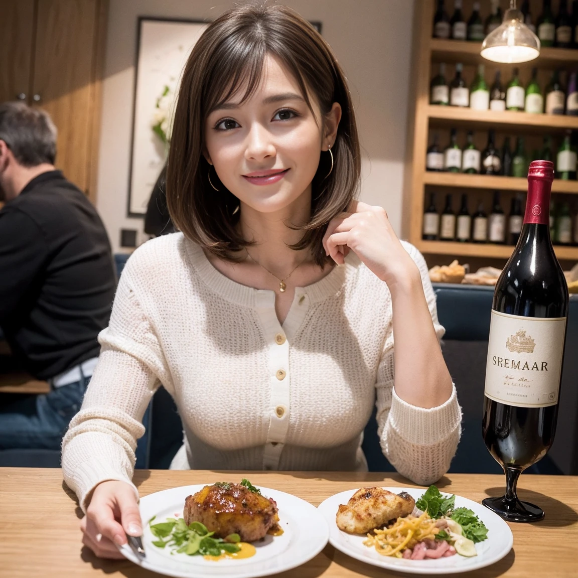 (Realistic:1.1),(masterpiece,Highest quality),8k,(49 years old), 53 years old, ベリーslimボディ、slimカップル、Tight waist,Upper Body,full-course dinner、wine 、Amazing view of the sunset sky and clouds、Perfect Anatomy, Brown Hair, short hair,Random Hairstyles,((Highly detailed face and eyes:1.2)),Perfect golden ratio face,Long sleeve shirt、dress,(smile:1.2)、Shortcuts、cute、(Realistic, Intricate details:1.2), A bright smile、short hair,Bright Face、赤wine 、Appetizers、Italian food、wine bottle、Champagne、スパークリングwine、(slimな顔), (The body is slim), (Brown Hair), (Shortcuts), Upper Body, 白wine, slim, wineグラス,