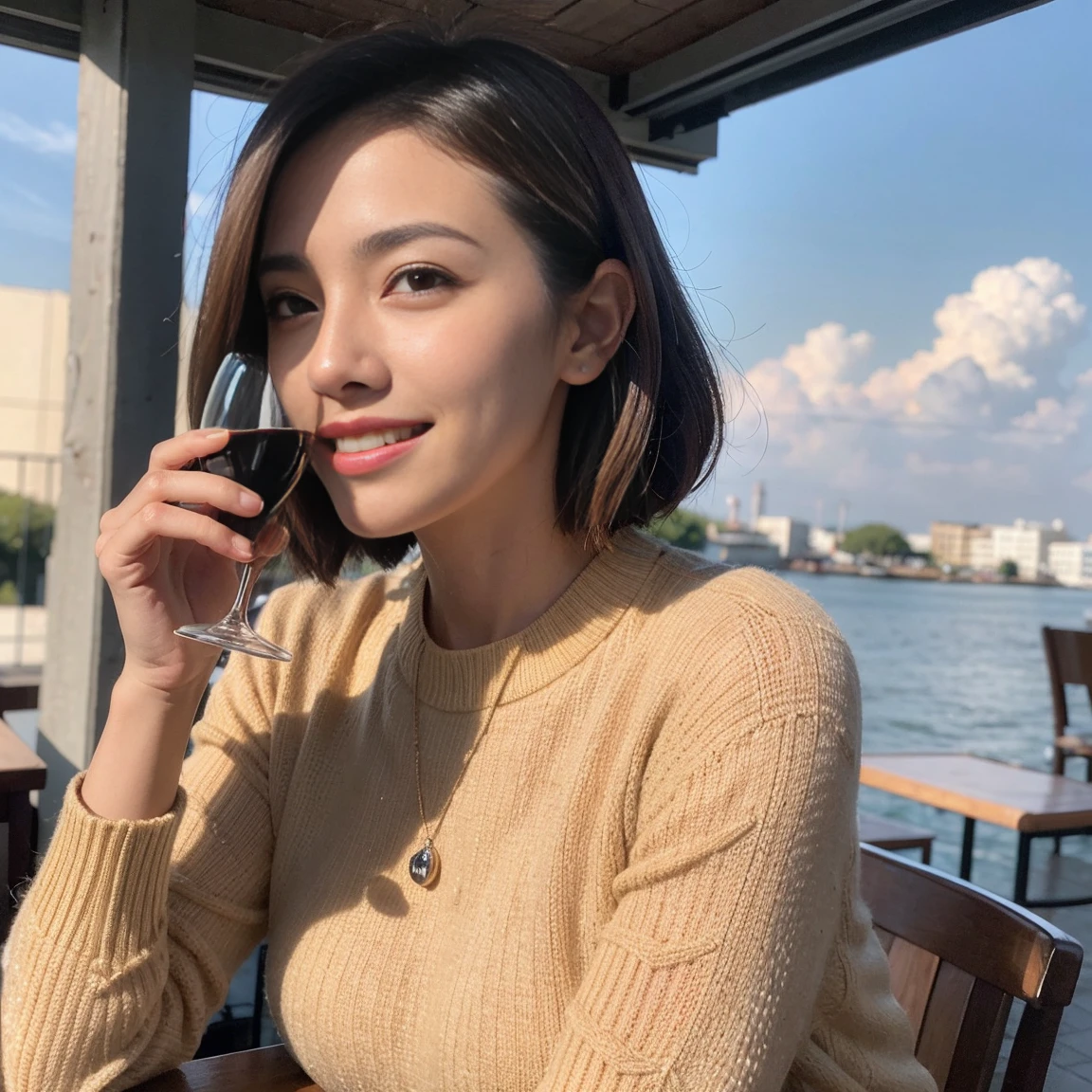 (Realistic:1.1),(masterpiece,Highest quality),8k,(49 years old), 53 years old, ベリーslimボディ、slimカップル、Tight waist,Upper Body,full-course dinner、wine 、Amazing view of the sunset sky and clouds、Perfect Anatomy, Brown Hair, short hair,Random Hairstyles,((Highly detailed face and eyes:1.2)),Perfect golden ratio face,Long sleeve shirt、dress,(smile:1.2)、Shortcuts、cute、(Realistic, Intricate details:1.2), A bright smile、short hair,Bright Face、赤wine 、Appetizers、Italian food、wine bottle、Champagne、スパークリングwine、(slimな顔), (The body is slim), (Brown Hair), (Shortcuts), Upper Body, 白wine, slim, wineグラス,