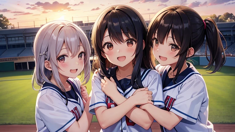 After the high school baseball game、Please draw an illustration of high school girls celebrating their victory.。They were holding cheering goods.、They are smiling and hugging each other。The background shows a baseball field bathed in the glow of the setting sun.。