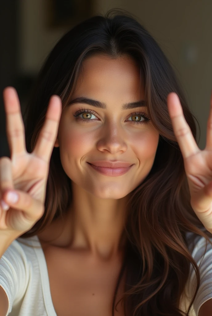 Beautiful Latina girl not too tanned taking a selfie where you can't see the phone making a V with her fingers with straight hair