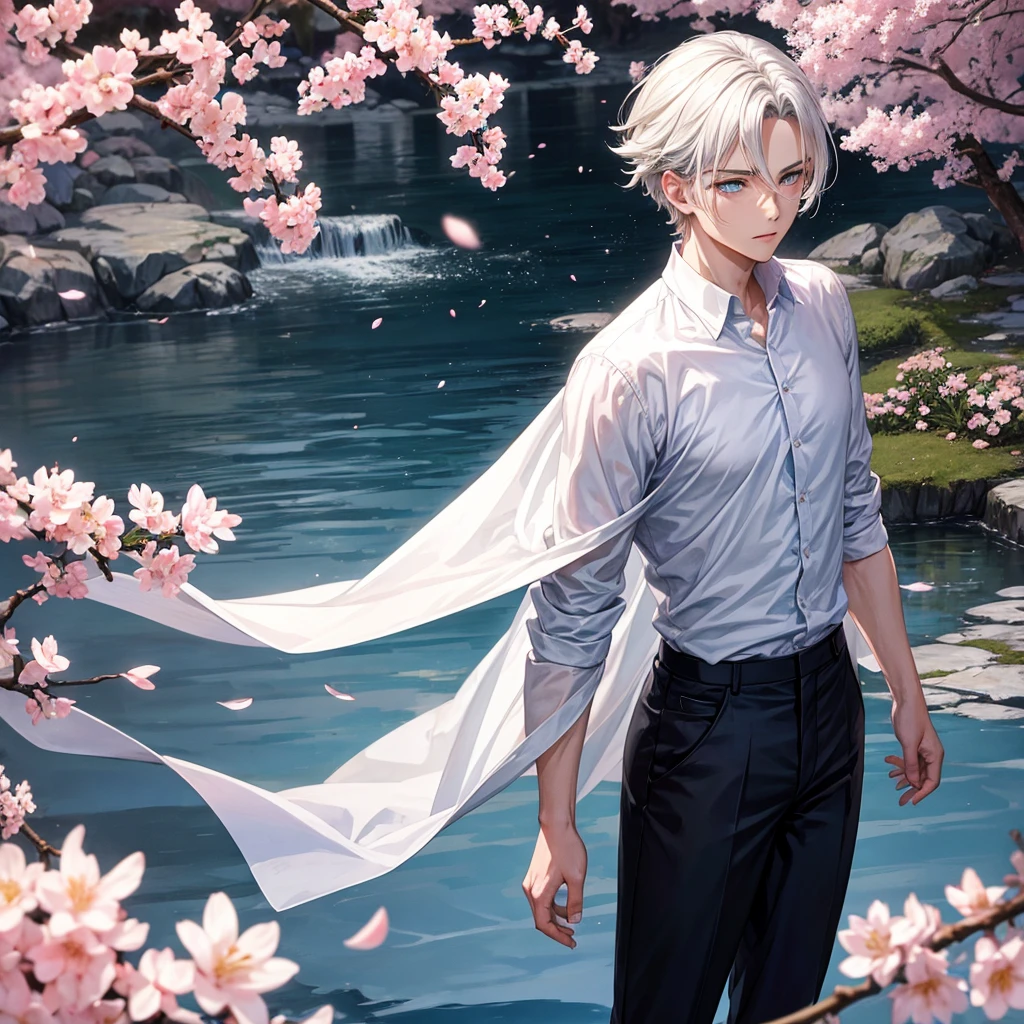 A strikingly handsome young man with silver-white hair that spikes upwards, standing by a serene pond surrounded by blooming cherry blossoms. His piercing blue eyes are captivating, giving off a calm yet powerful aura. He wears a sleek, black, tight-fitting shirt, and water droplets splash around him, creating a dynamic and lively atmosphere. Pink butterflies flutter around, adding a sense of gentle tranquility. The background is filled with soft, pastel colors of cherry blossoms and a clear blue sky, creating a contrast with the character's intense gaze."