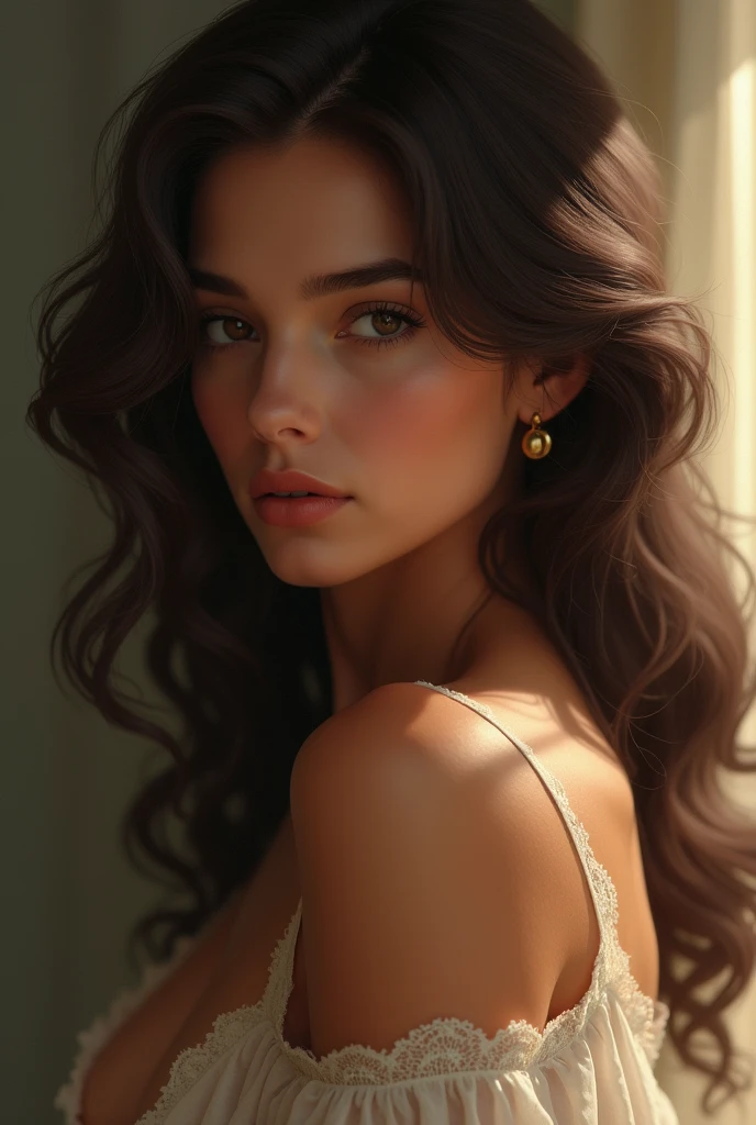 cute young woman, olive skin, brunette, cleavage