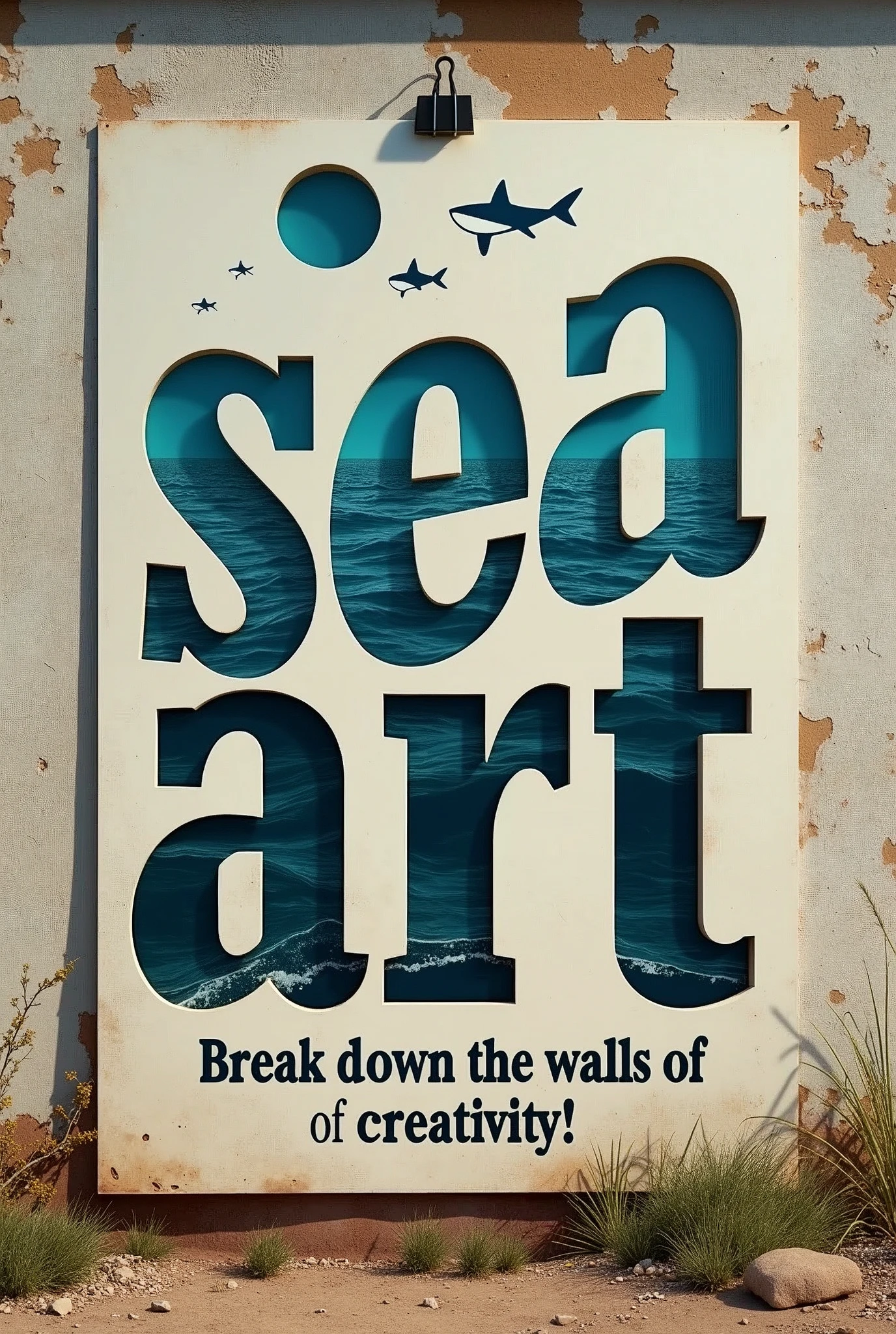 A poster on a deserted exterior wall, Cut into the shape of letters, (text:"sea art") The word, Draw inside the cutout, BREAK Art that inspires creators to create images, BREAK Add text to the bottom of the screen, (text:"Break down the walls of creativity!")