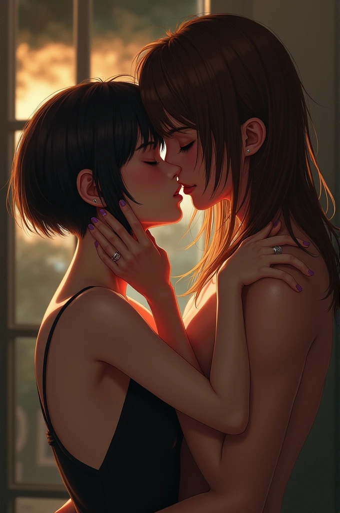 a girl with really short, dark brown hair. which is not longer than the beginning of her neck. she has a rebellious vibe. she’s kissing with a sweet boy, who has brown and very long straight hair. they are in love. she’s touching him. make it look very intimate and realistic
