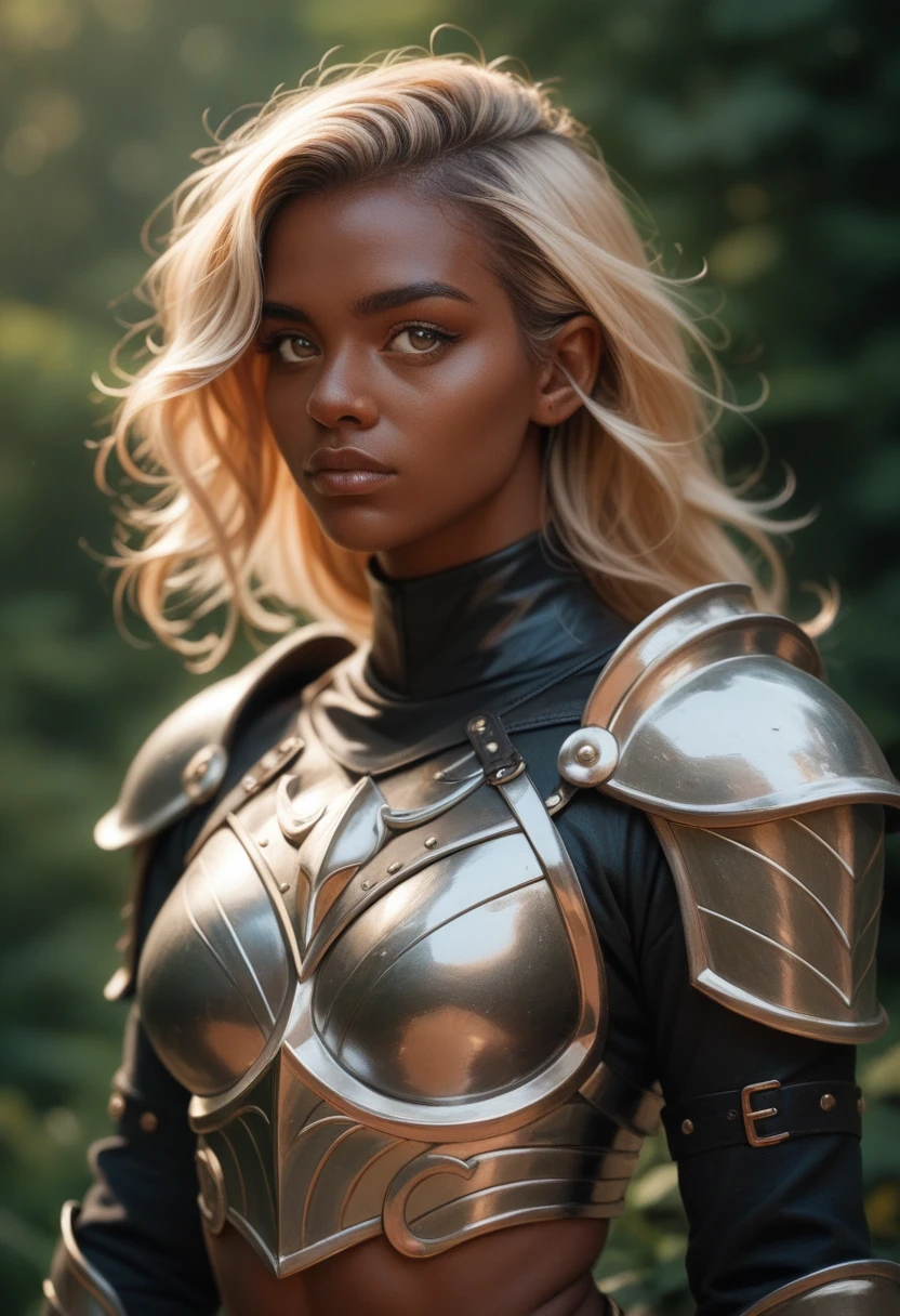 Artwork of beautiful dark elven, ((dark skin)), leather armor