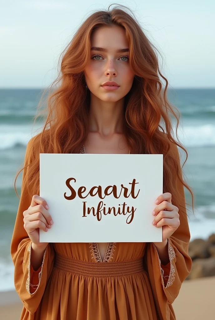 Beautiful girl with wavy long hair, bohemian dress, holding a white board with text "I Love Seaart Infinity" and showing it to the viewer