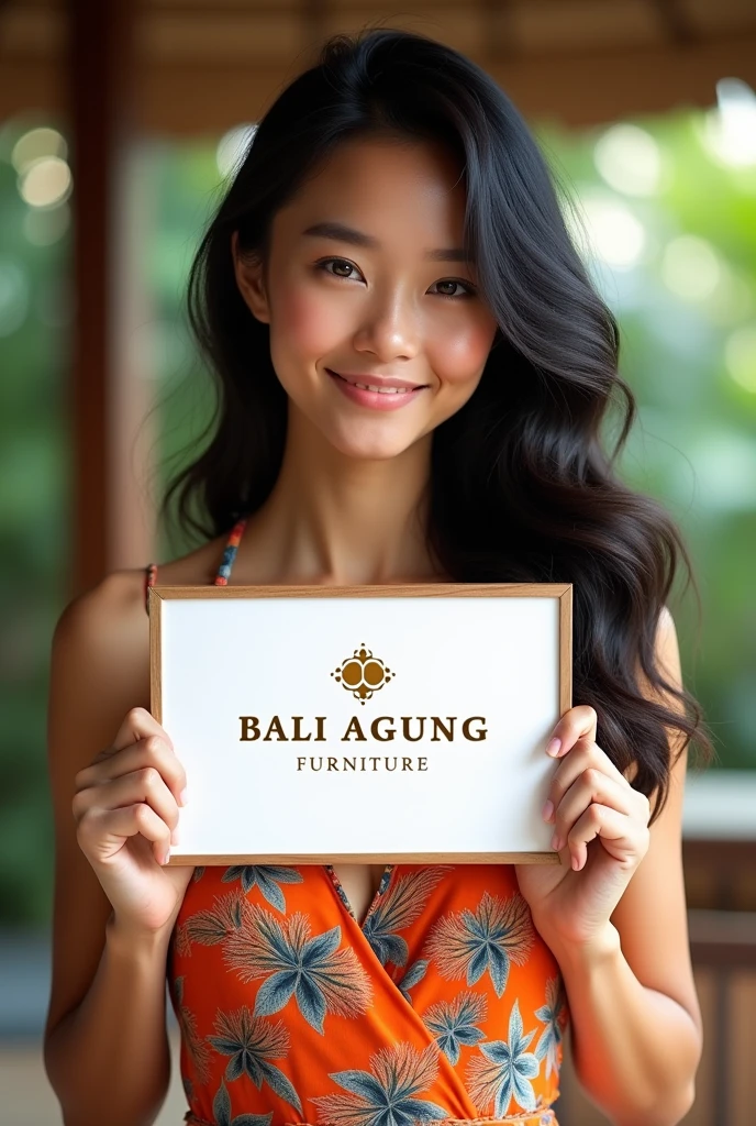 Beautiful Indonesian girl with wavy long hair, summer dress, holding a white board with text "Bali Agung Furniture Infinity" and showing it to the viewer