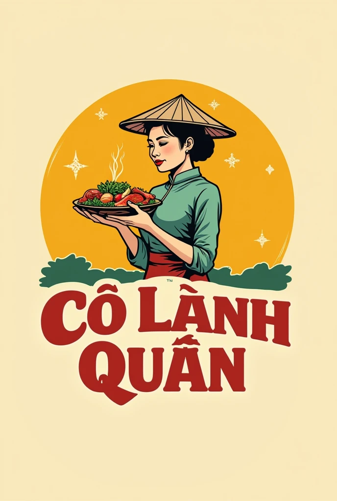 This is a vintage-style logo for a food service called“Co Lanh Quan". The logo has a woman wearing áo truyền thống Việt Nam and Việt Nam conical hat, she holds a disk of Việt Nam foods. The slogan will be "Mon Ngon Quang Ngai" The color is mostly yellow, and the text is bold