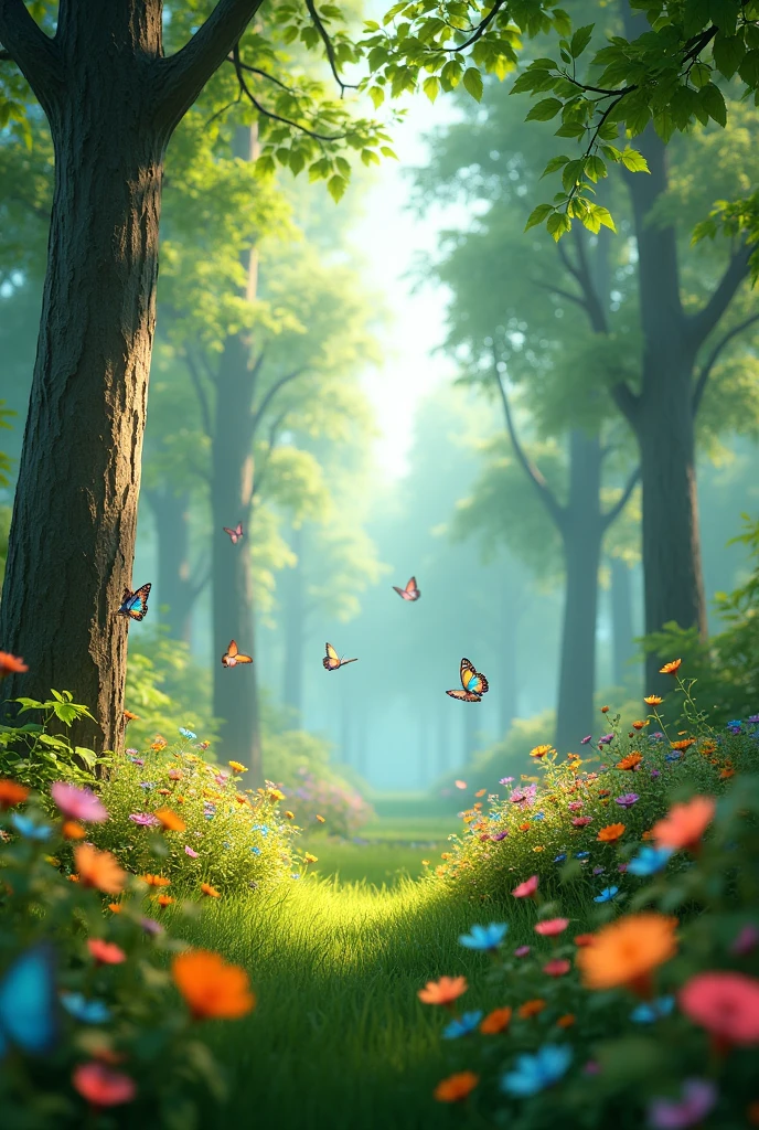 3D animation "**Background**: A vibrant, lush green forest with tall trees, colorful flowers, and fluttering butterflies."