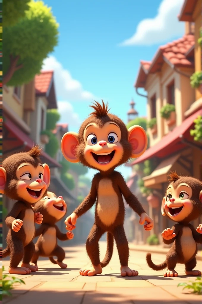 Max the monkey being playfully reminded by his friends to look before he leaps, as they all laugh together in a sunny, cheerful town."