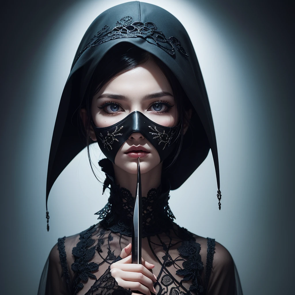 A visually striking and enchanting digital art piece, which masterfully utilizes negative space patterns to create a breathtaking image. A mysterious and elegant female figure stands confidently, her dark hood adorned with intricate gothic designs. She dons a face mask that only reveals her piercing eyes, which are highlighted with a captivating detail. In her hand, she holds a sinister yet beautiful intricate dagger. The negative space patterns transform into a surreal and mesmerizing background, perfectly framing the subject and captivating the viewer's attention. The overall piece embodies dark fantasy, capturing the essence of vibrant painting, portrait photography, and illustration, all combined in a single mesmerizing work of art., vibrant, dark fantasy, portrait photography, painting, illustration