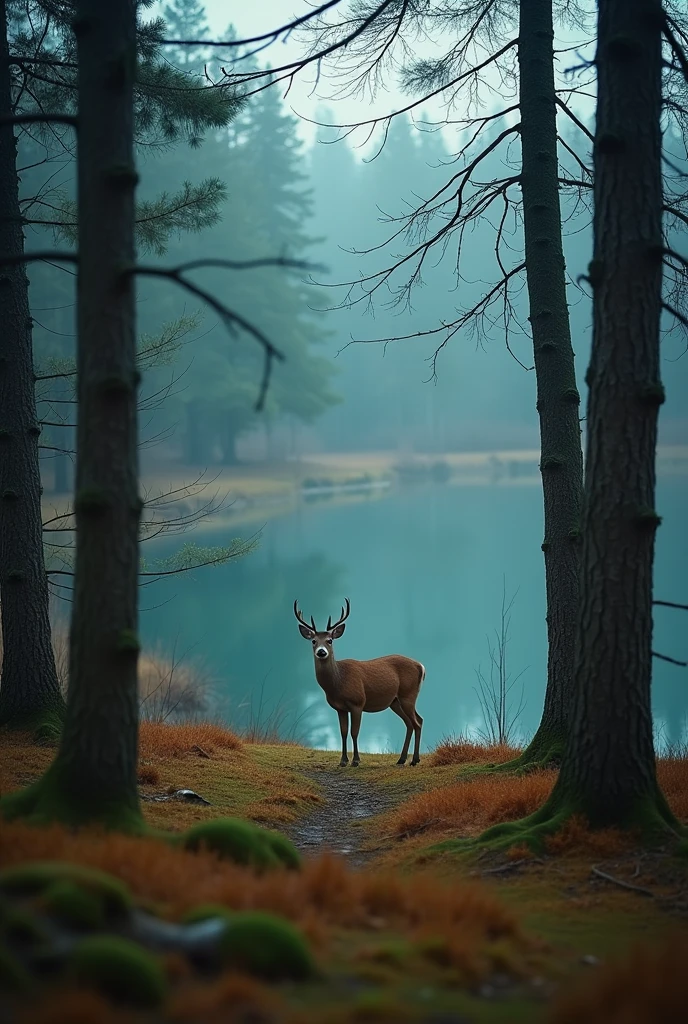 minimal, cinematic, a deer among the trees, forest lake, moss, cold weather, dark teal and amber, Sony A7 IV
