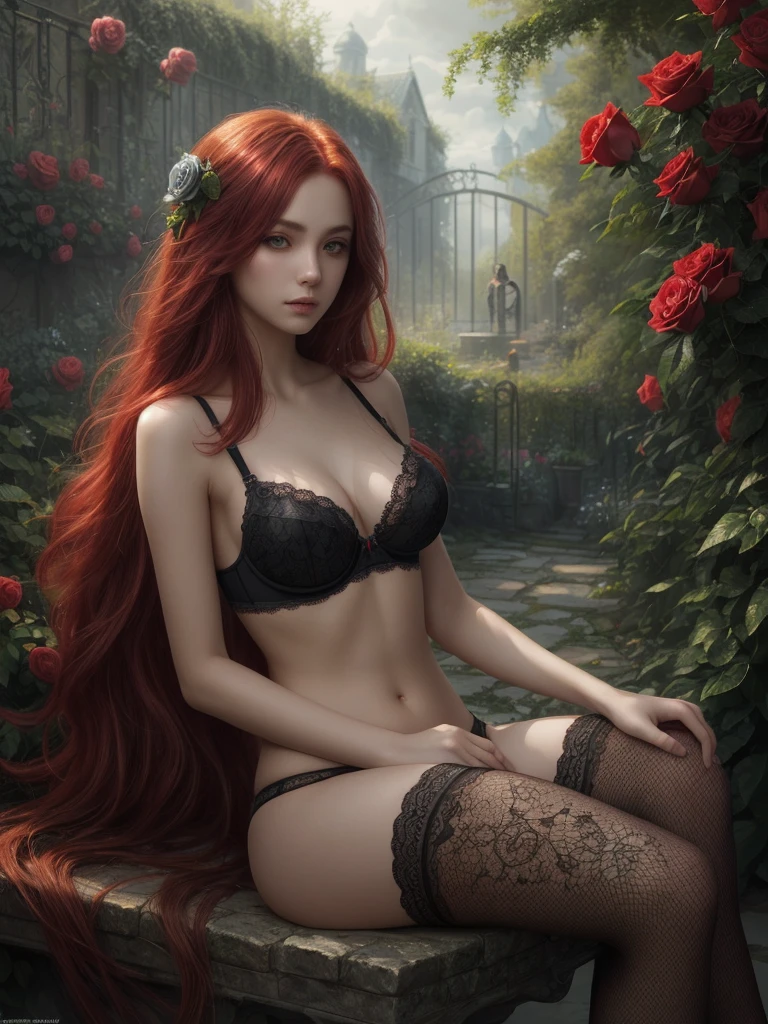 (high quality, ArtStation, fantasy art:1.2), (A beautiful thin girl, sitting), (long messy red hair), (black lace ornate bra), (lush roses garden)