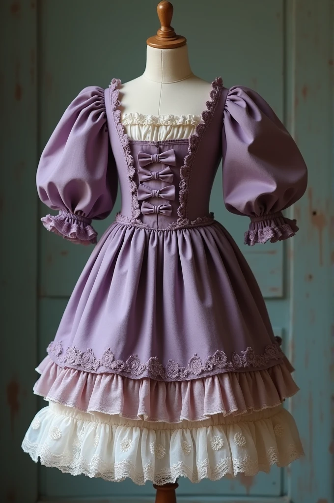 A dress with puff sleeves like a doll puppet and that is old purple, below that has a white ruffle and in the center of the dress bows that close the dress