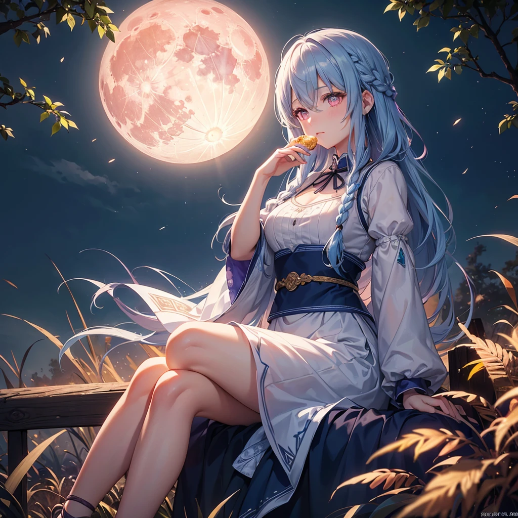 (Sky blue braided medium length hair), (Pink eyes),(Fair skin) ,(whole body),(One Girl),(harvest moon),(A large amount of Miscanthus sinensis in the background),autumn,(full moon),(masterpiece, Highest quality, Very detailed, Best Shadow), (Detailed Background), (Beautifully detailed face), High Contrast, (Best lighting, Very delicate and beautiful), ((Cinematic Light)), Hyper Detail,8k, Dramatic Light, Intricate details,(sitting down to eat rice dumplings)