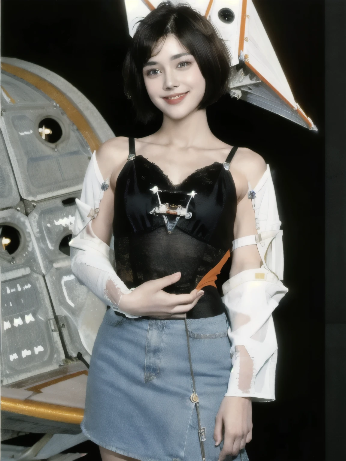 268 (20-year-old princess,Are standing), ((short hair:1.46)), (chest:1.46), Old-fashioned smile, (flower), (Spaceship:1.46)