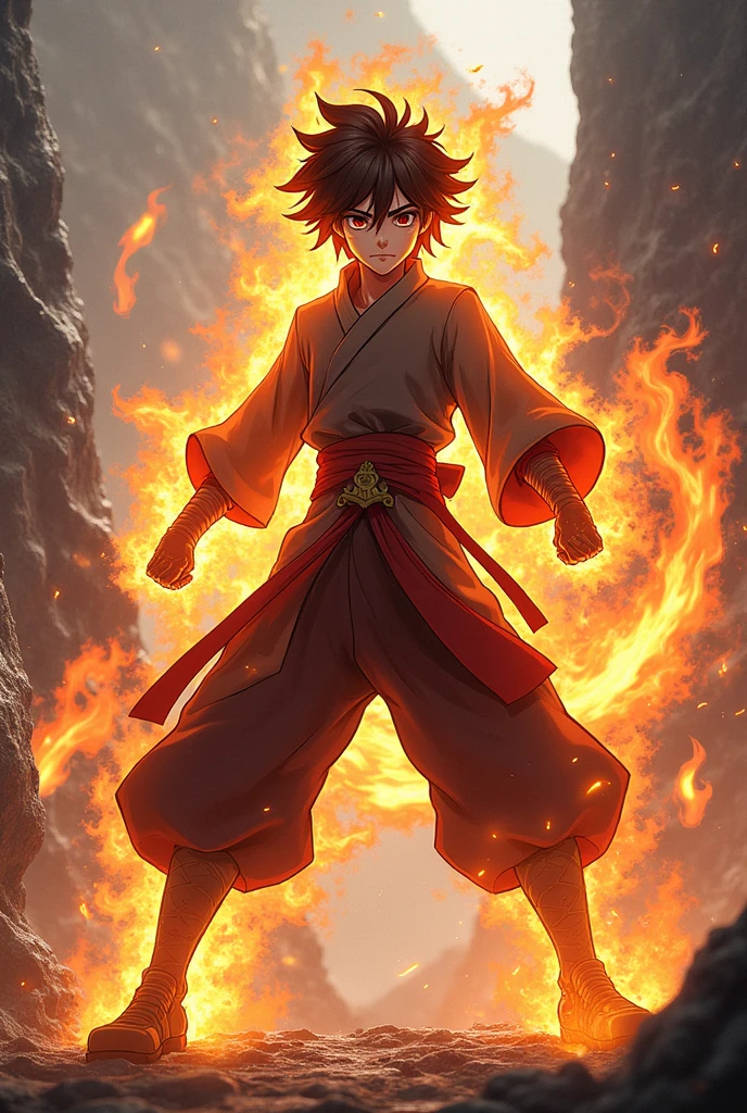 Generate an image of a kimetsu no yaiba character who is a demon hunter, let it be a man,a young character,that has the lion&#39;s breath and a little fire.