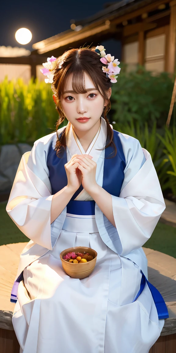 best quality, high_resolution, distinct_image, detailed background ,girl, hanbok,flower,garden,moon, night,