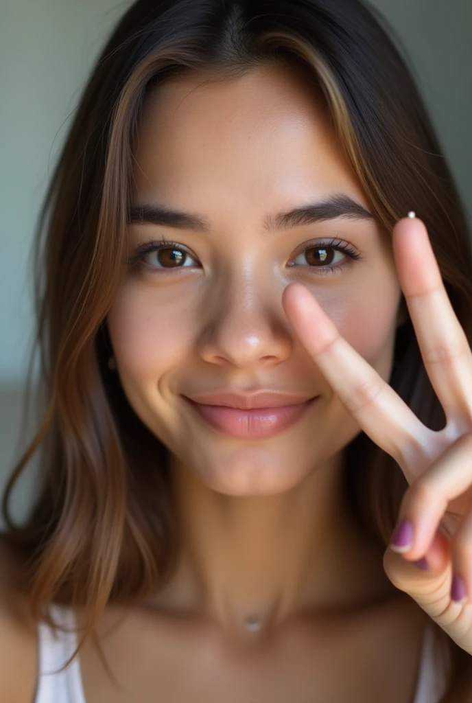 Belle fille latine pas trop bronzée qui prend un selfie ou on voit pas le téléphone qui fait un V avec ses doigts avec des cheveux lisses (le visage moins lisse + naturel)