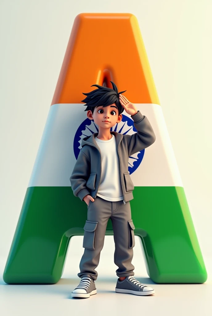 Create a digital artwork featuring a young boy with messy black hair, wearing a white t-shirt, grey hoodie, and grey cargo pants. He is standing confidently with one hand in his pocket and the other hand saluting. The background should feature a large 3D letter 'A,' styled with the colors of the Indian flag: orange at the top, white in the middle, and green at the bottom. Additionally, place a flowing Indian national flag (tricolor with the Ashoka Chakra) in front of the boy, positioned prominently in the foreground