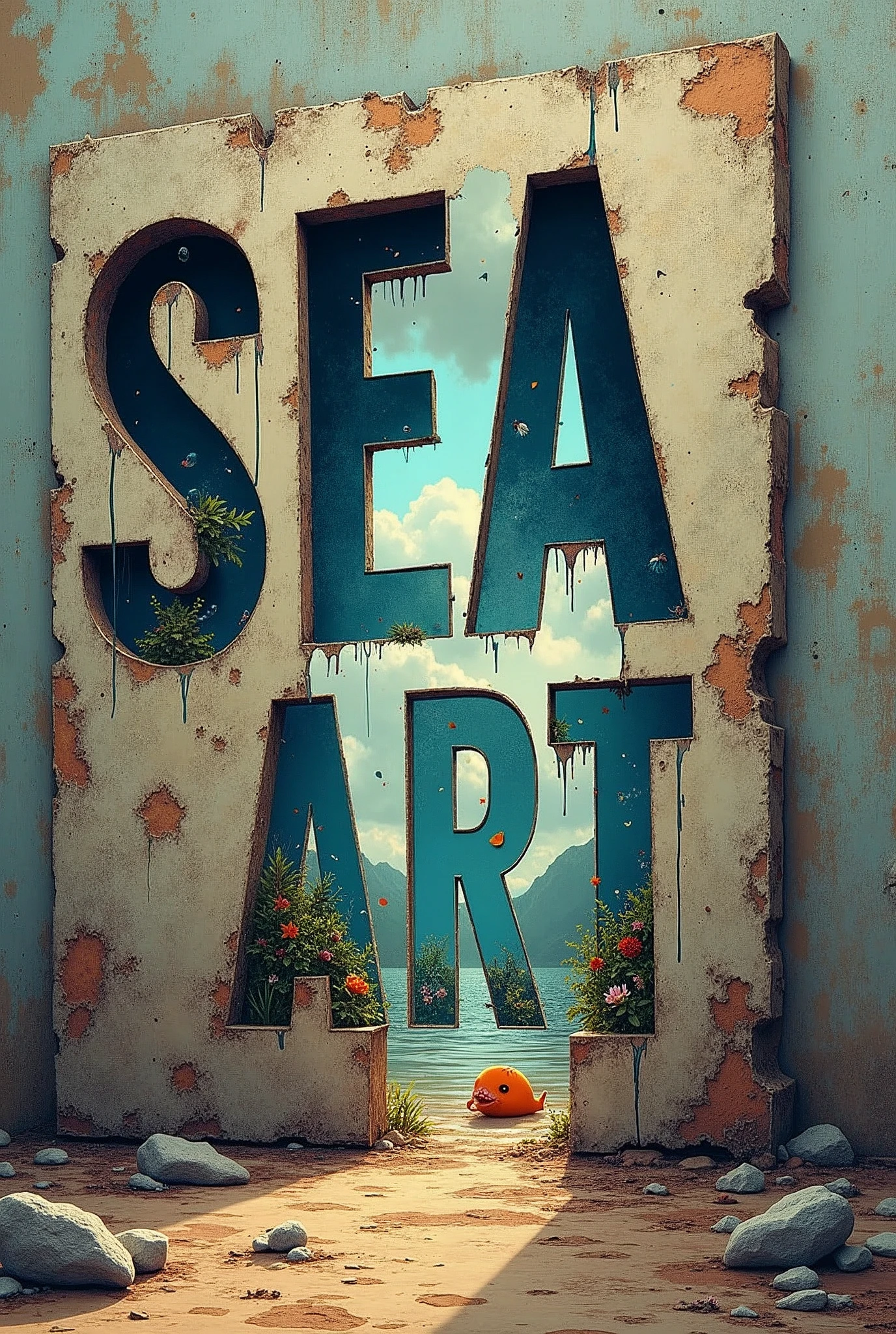 A poster on a deserted exterior wall, Cut into the shape of letters, (text:"sea art") The word, Big Bold, Draw inside the cutout, BREAK Art that inspires creators to create images, An aesthetic world that unfolds behind the characters, Creating a sense of depth that draws you in, BREAK Add text to the bottom of the screen, (text:"Break down the walls of creativity!")