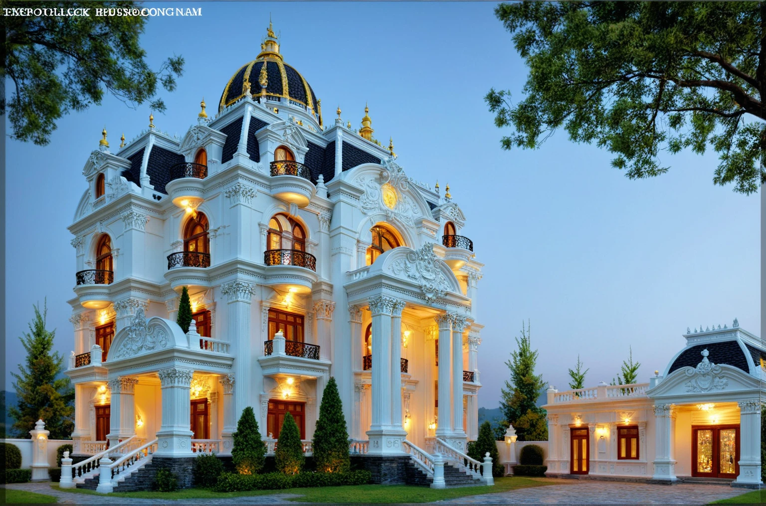 Neoclassical house, exterior design, (corner details, neoclassical relief details), (mansard roof), (reflection), (Precise lighting design dividing ceiling spotlights and wall spotlights separately), (LED wall spotlights installed for column exterior design), neoclassical iron frame gate, (spotlights shining on flower beds), (LED Column Spotlight, Tree Spotlight, Building Wall Spotlight design for outdoor decoration and lighting), (block sidewalks and asphalt roads), (dawn light sky background), Low trees around the house, window, (focus on object), (Neutral lighting is suitable for the neoclassic house, light color thermometer lighting), (architectural design visualization), (material normal bump real reflection), (chao vantage software visualization render), (Design lightings for neoclassic exteriors house in dawn light environment), (((Best Quality))), ((Masterpiece)), ((best illustration)), ((best shadows)), ((Super Detail)), (Intricate lines), (Photorealism),(hyper detail), ((archdaily)), ((award winning design)), (dynamic light), (dawn light), (perfect light), (shimering light), ((photorealistic)), ((intricate detail)), ((extreme detail)), ((crazy detail)), ((octane render)), ((trending on artstation)), ((High-fidelity)), ((Viwvid)), ((Crisp)), ((Bright)), ((Stunning)), ((Eye-catching)), ((High-quality)),((Sharp))((Bright)), ((Stunning)), ((natural dawn light environment)), ((reality environment)), (neoclassic house design architectural design facade), (level of photo realism, depends on lighting, materials, composition, Real-Time Rendering, based on chao vantage timage rendering graphics software), (neoclassic house facade roof design), (neoclassic house facade wall design), (neoclassic house facade decoration material design) (neoclassic house facade door and window design), (environmental lighting design), (neoclassic house facade lighting design),