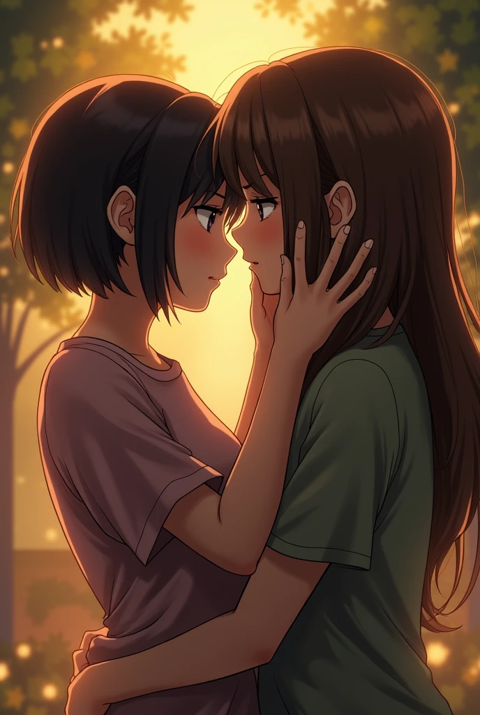 a girl with really short, dark brown hair. which is not longer than the beginning of her neck. she has a rebellious vibe. she’s kissing with a sweet boy, who has brown and very long straight hair. they are in love. she’s touching him. make it look very intimate and realistic