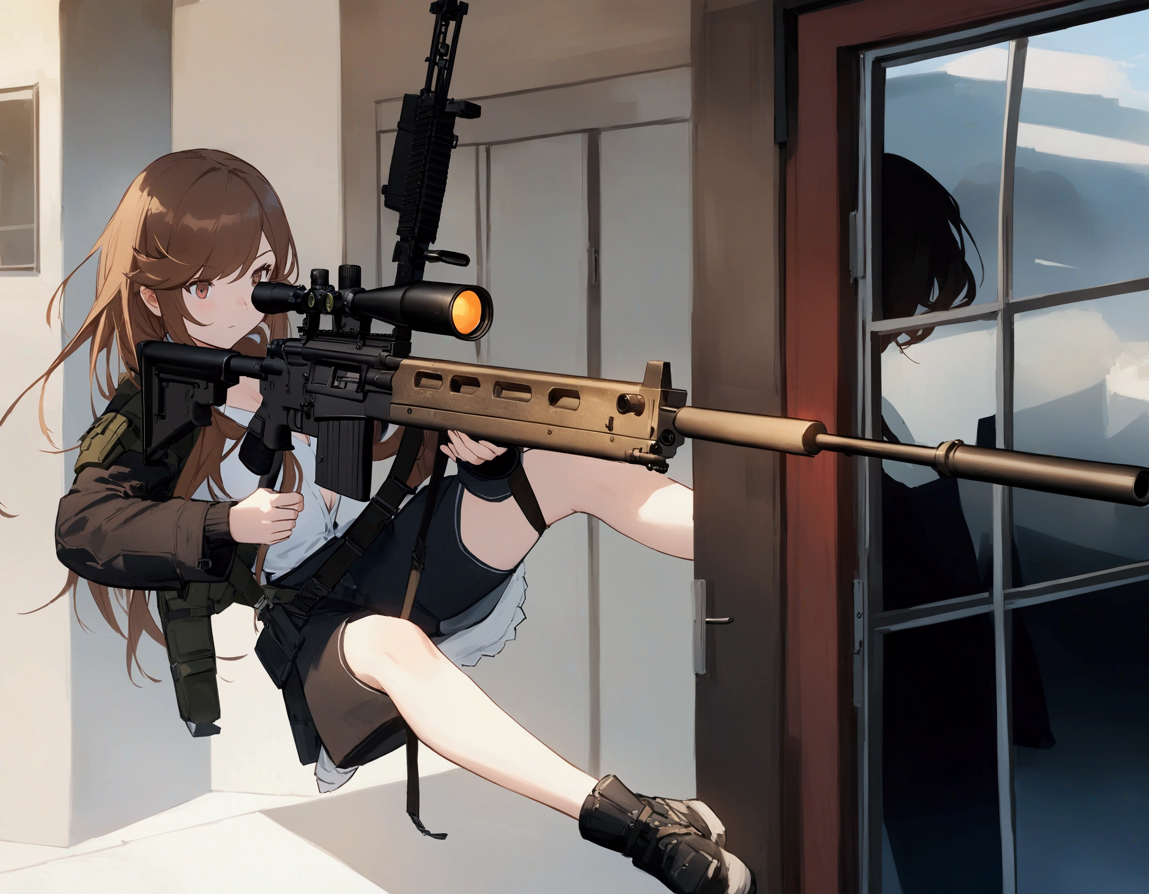 anime, (hair swept bangs:1.3), (long brown hair:1.3), person, girl, rifle, rifle, rifle, rifle, rifle, rifle, rifle, rifle, anime machine gun fire, of a sniper girl in war, girls frontline style, artwork in the style of guweiz, m4 sopmod ii girls frontline, door gunner, from girls frontline, sniper, sniper fire, guweiz, badass anime 8 k, from girls frontline, fine details. girls frontline universe, girls frontline style, girls frontline cg, kantai collection style, by Akihiko Yoshida, yayoi kasuma, female protagonist 👀 :8,
